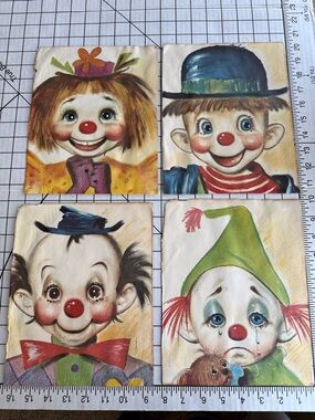 Vintage Clown Prints Lot 4 Mid Century Kitsch Circus Art Distressed Ephemera
